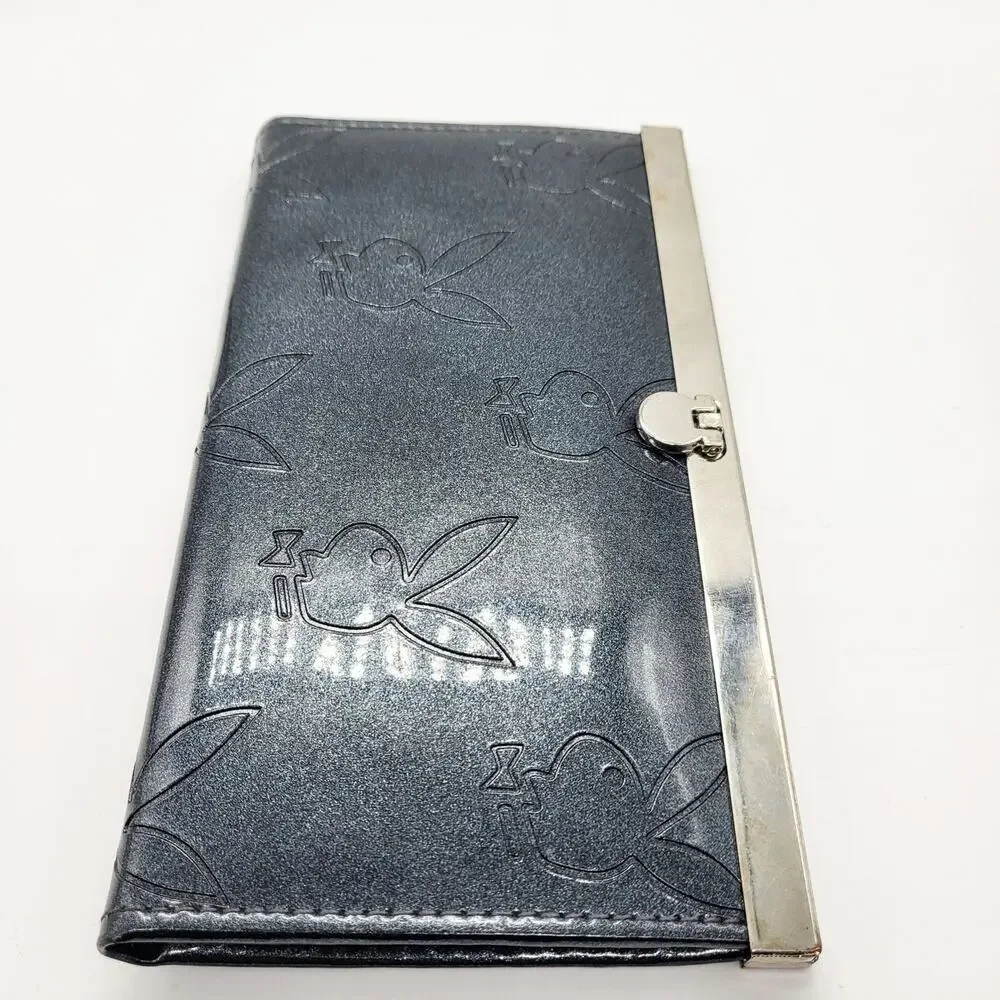 Y2K Playboy Sparkly Charcoal Grey Embossed Signature Bunny Logo Large Wallet